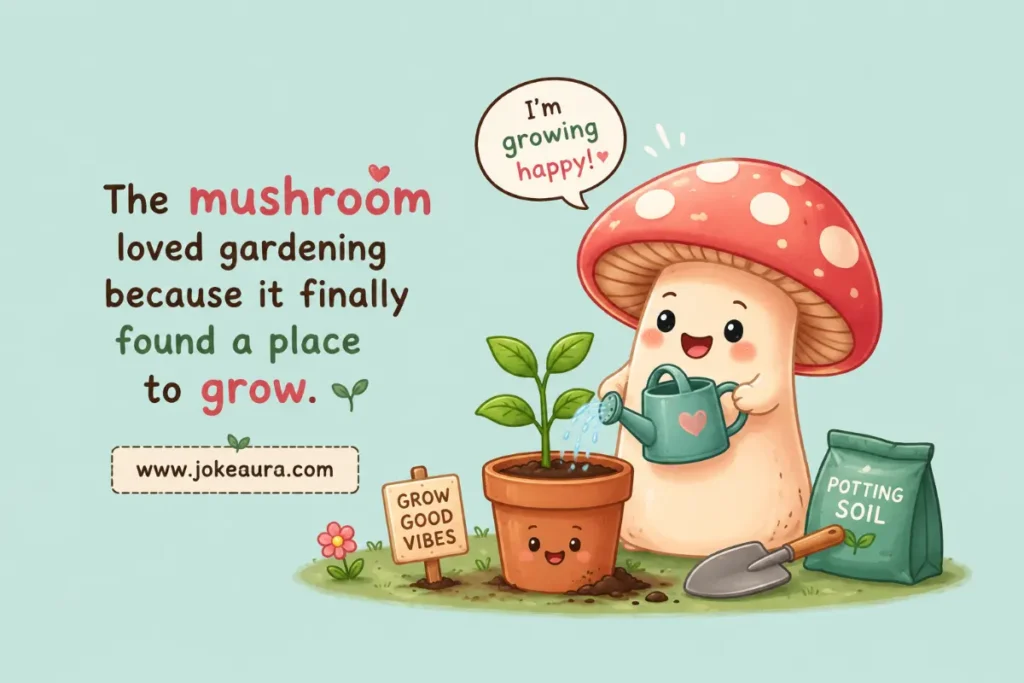 The mushroom loved gardening because it finally found a place to grow
