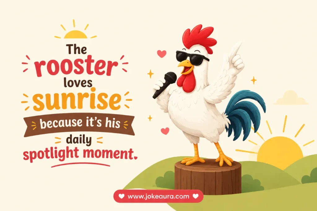 The rooster loves sunrise because it’s his daily spotlight moment.