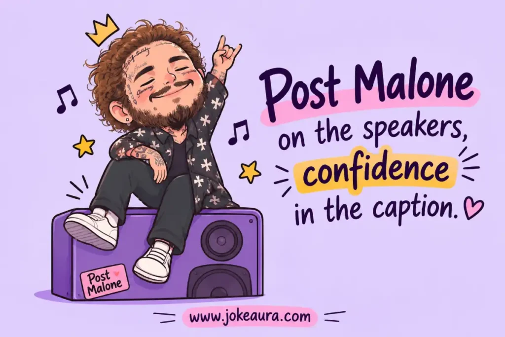 Post Malone on the speakers, confidence in the caption.